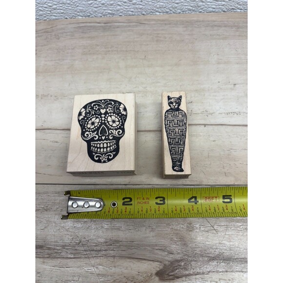 Mixed Brands Set Of 2 Wood Mounted Rubber Stamps Skull & Mummy Cat - Picture 4 of 5